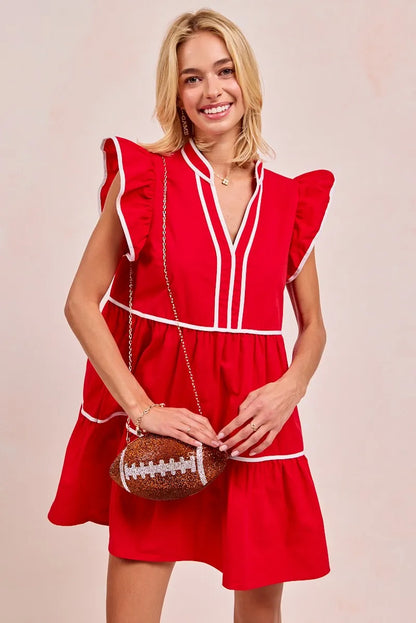 Gameday Theme Contrast Binding Ruffled Dress - Red - product view 11