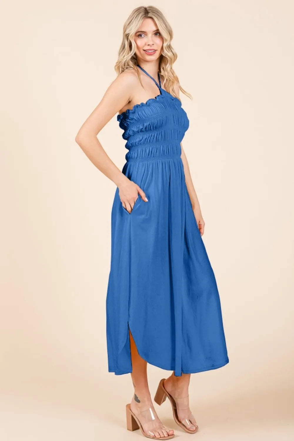Tie Back Shirring Dress with Pockets - Blue - product view 3