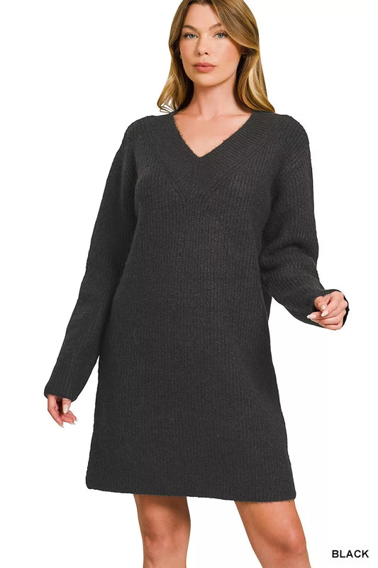 V-Neck Long Sleeve Ribbed Sweater Dress in Black - product view 1