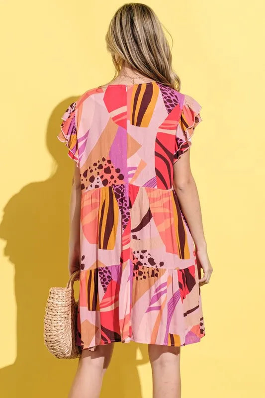 Printed Double Ruffles Sleeve Dress in Mauve - product view 7