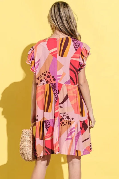 Printed Double Ruffles Sleeve Dress in Mauve - product view 7