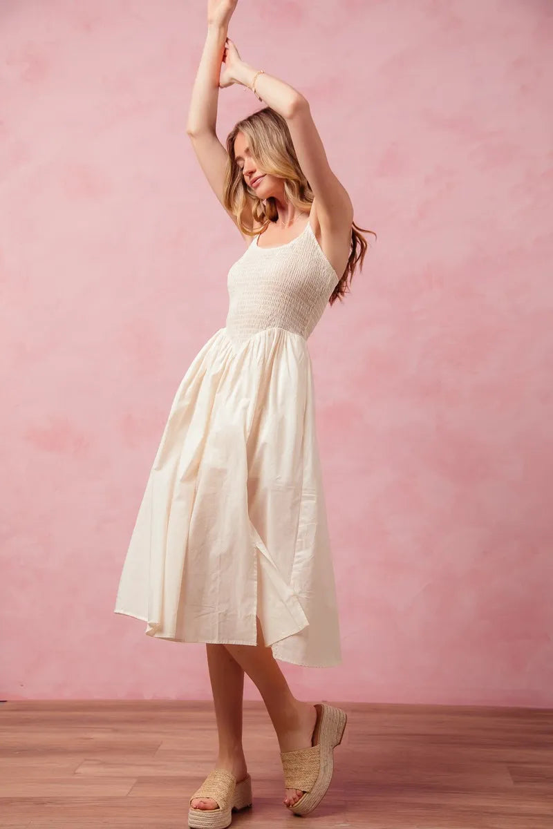 Smocked Sleeveless Casual Everyday Dress With Slit - Cream - product view 7
