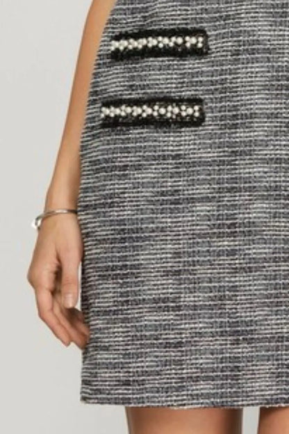 Full Size Short Sleeve Pearl Studded Trim Knit Tweed Dress Plus Size - Black - product view 3