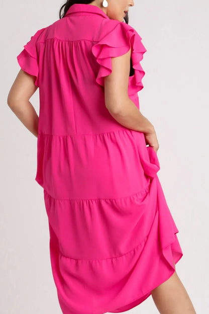 Full Size Johnny Collar Ruffle Cap Sleeve Tiered Dress Plus Size - Hot Pink - Umgee USA - Style 11036 - product view 4