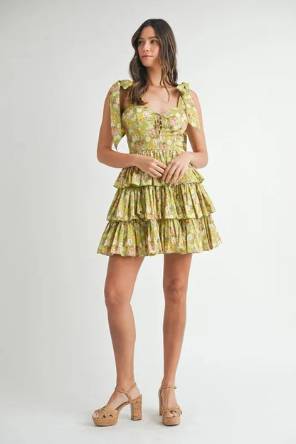 Floral Print Shoulder Tie Layered Mini Dress - Kiwi - product view 9