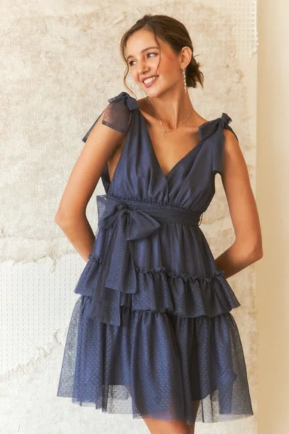 Tie Shoulder Polka Dot Mesh Dress in Dark Navy - product view 3