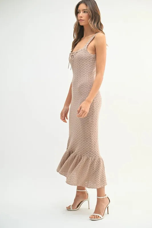Ruffled Hem Sleeveless Crochet Knit Midi Dress in Mocha - product view 4