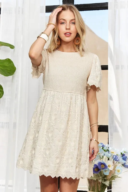 Rround Neck Crinkle Babydoll Dress in Beige - product view 8