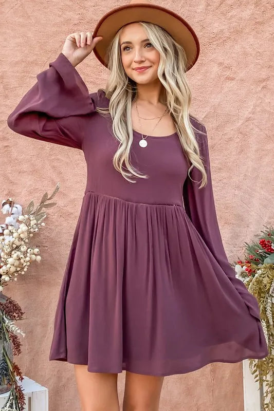 Back Lace Button Down Detail Bell Sleeve Dress in Purple - product view 3