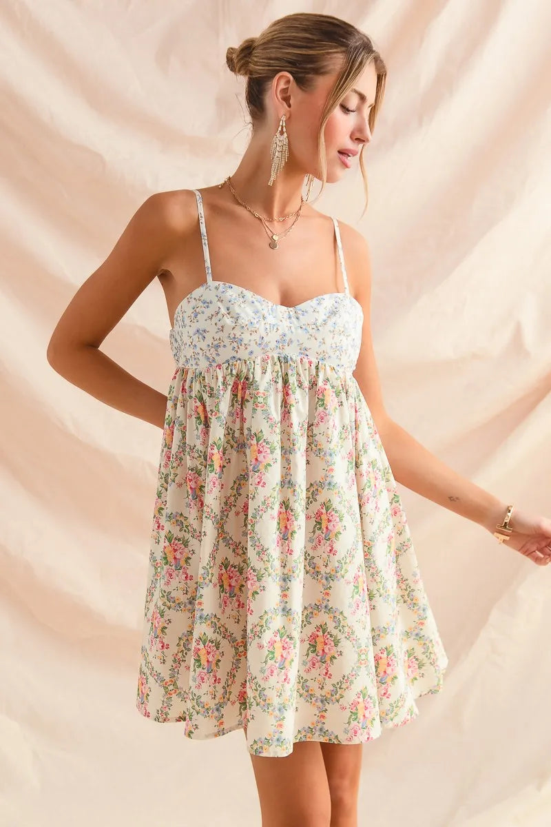 Mixed Floral Print Sleeveless Mini Dress in Cream Combo - product view 4