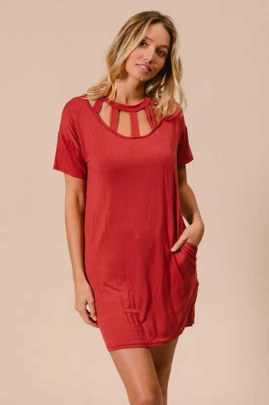 Front Cutout Mini Tee Dress with Pockets in Ginger - product view 8