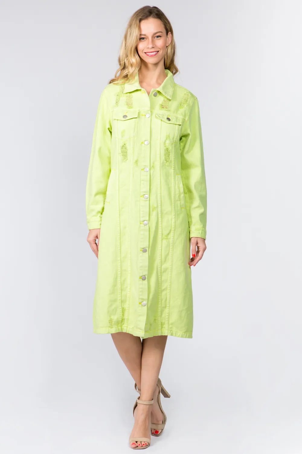 Button Up Distressed Denim Dress in Lime - product view 4