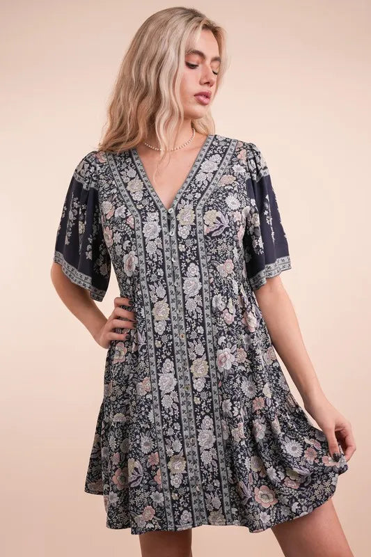 Shirring Detail Printed Woven Mini Dress in Navy Mix - product view 5