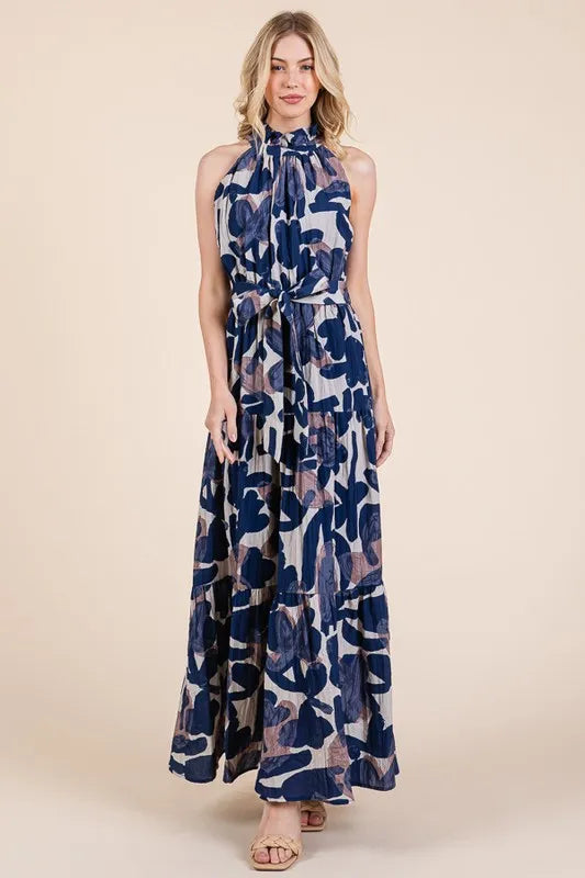 Abstract Halter Neck Tie-Waist Tiered Maxi Dress in Navy Combo - product view 14