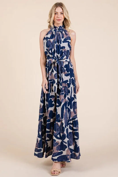 Abstract Halter Neck Tie-Waist Tiered Maxi Dress in Navy Combo - product view 14