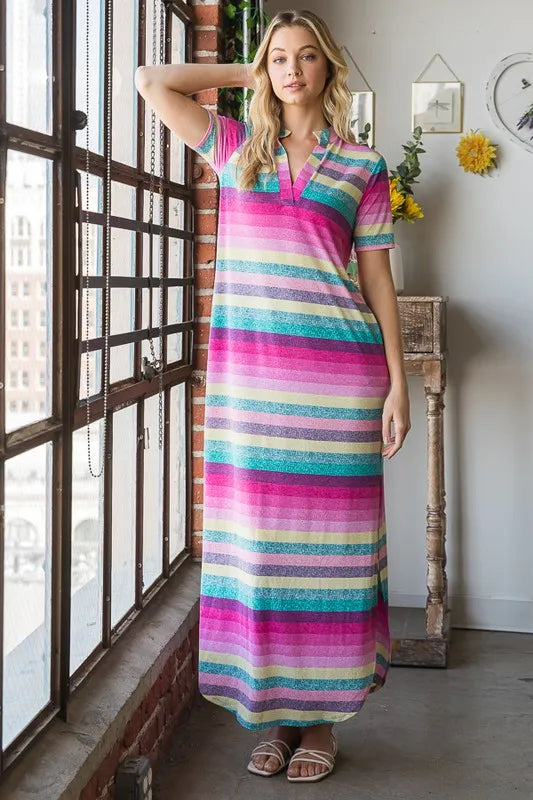 Full Size Striped Short Sleeve Maxi Tee Dress Plus Size in Pink Multi - product view 6