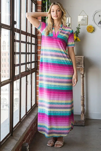 Full Size Striped Short Sleeve Maxi Tee Dress Plus Size in Pink Multi - product view 6