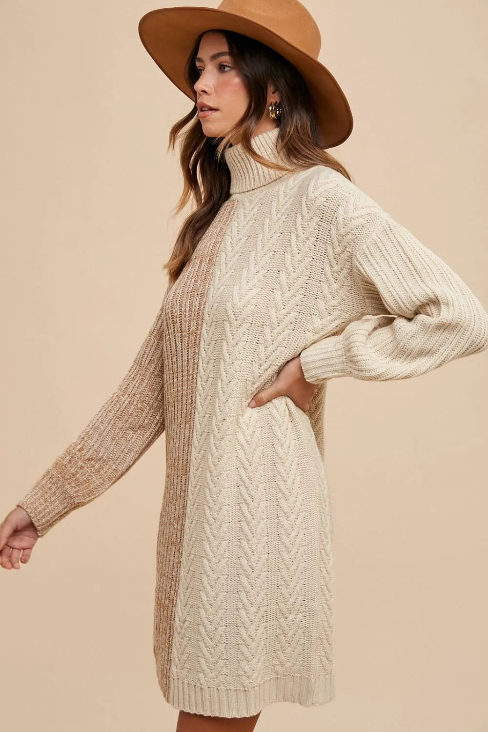Color Block Turtleneck Sweater Dress in Taupe - product view 3