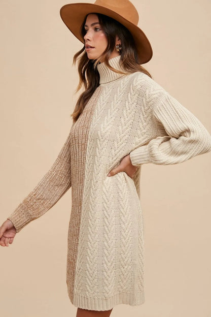 Color Block Turtleneck Sweater Dress in Taupe - product view 3
