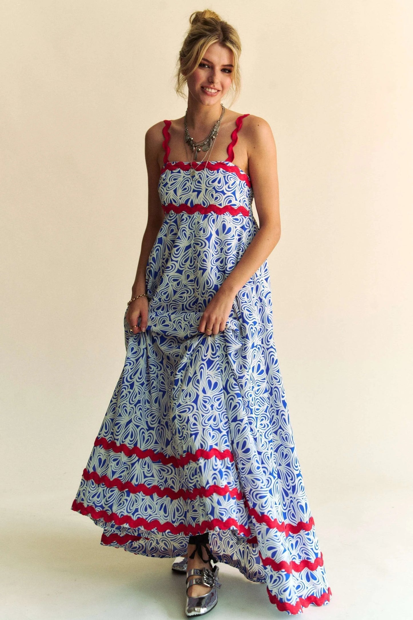 Geo 2 Tone Printed Wavi Trim Tiered Maxi Dress - Cobalt - product view 1