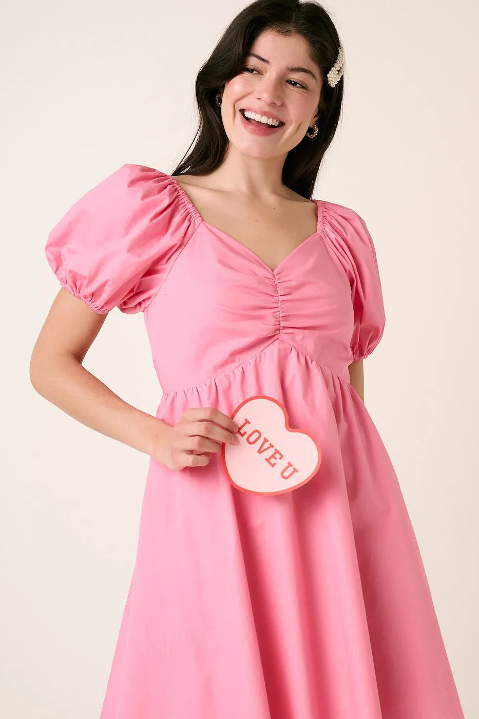 Sweetheart Puff Sleeve Smocked Mini Dress in Pink - product view 2