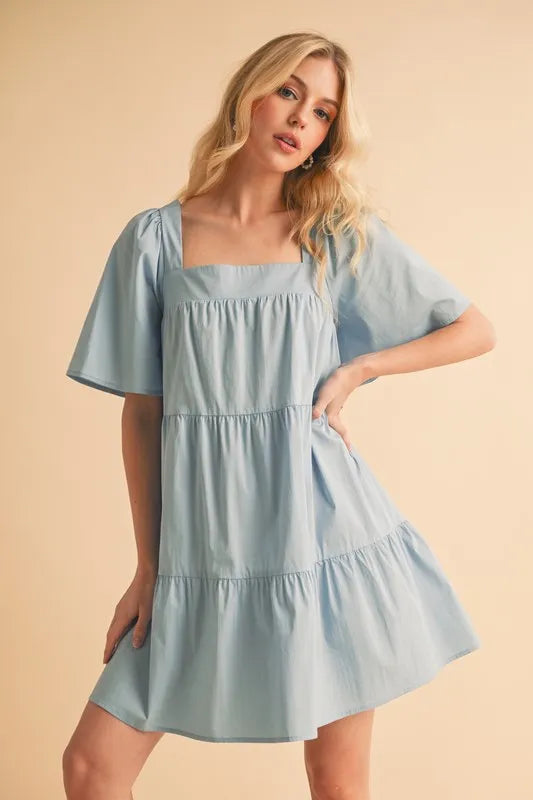 Square Neck Half Sleeve Tiered Dress - Light Blue - product view 2