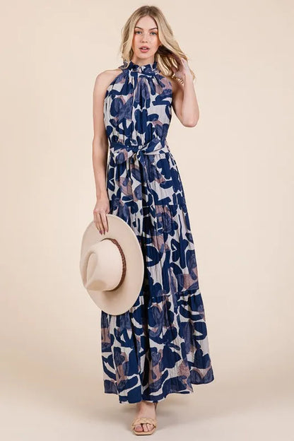Abstract Halter Neck Tie-Waist Tiered Maxi Dress in Navy Combo - product view 13