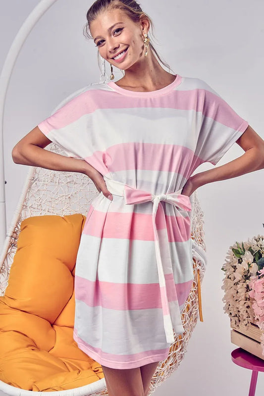 Tie Front Striped Short Sleeve Dress in Blush - product view 2