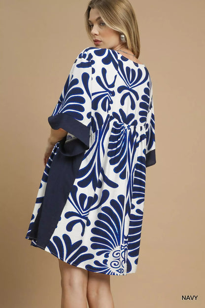 Abstract Print Kimono Sleeve Mini Dress - Navy - product view 2
