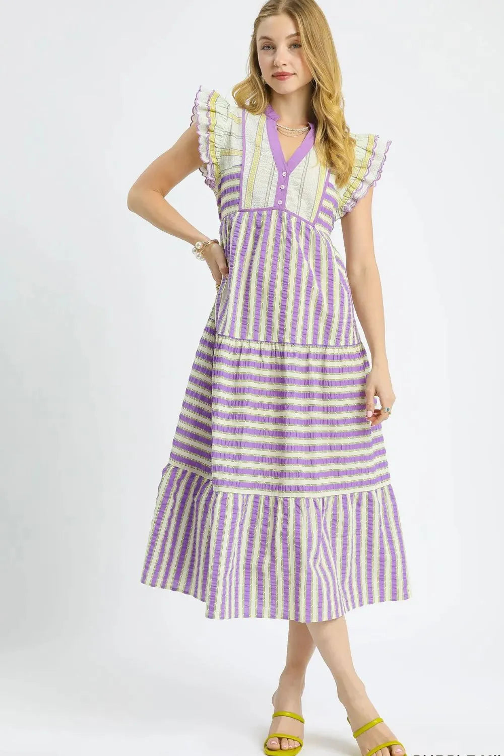 Striped Ruffle Cap Sleeve Midi Dress in Heliotrope Purple - product view 1