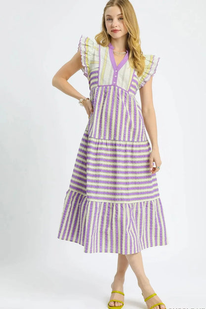 Striped Ruffle Cap Sleeve Midi Dress in Heliotrope Purple - product view 1