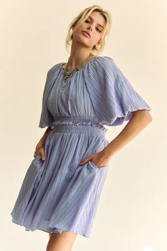 Back Button Puff Sleeve Mini Dress in Lavender - product view 3