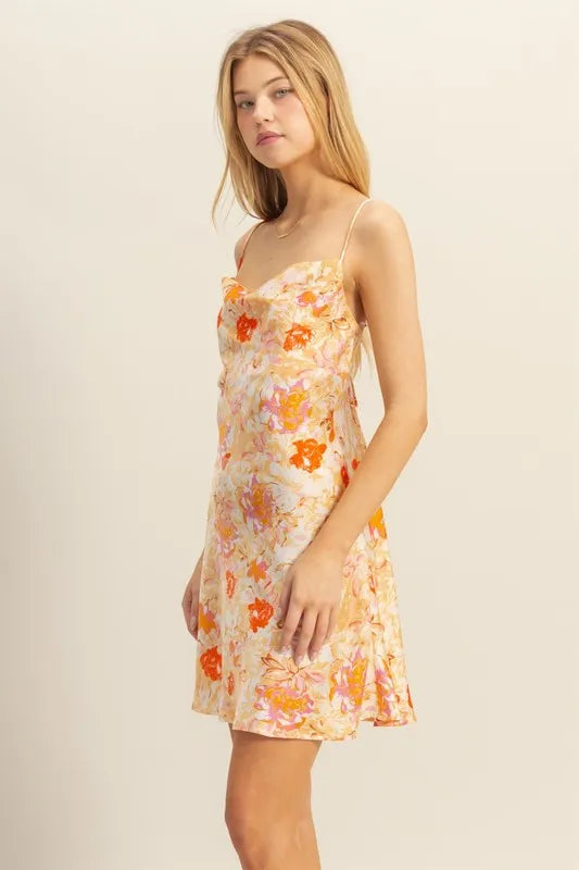 Floral Cowl Neck Flirty Satin Mini Dress - Orange - product view 2