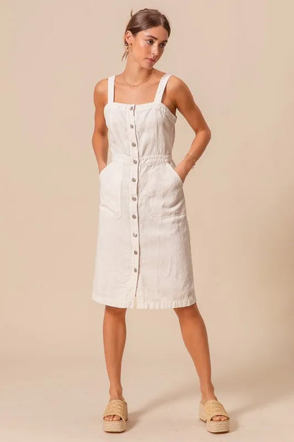 Button Down Pocket Front Pinafore Dress - Off White - product view 1