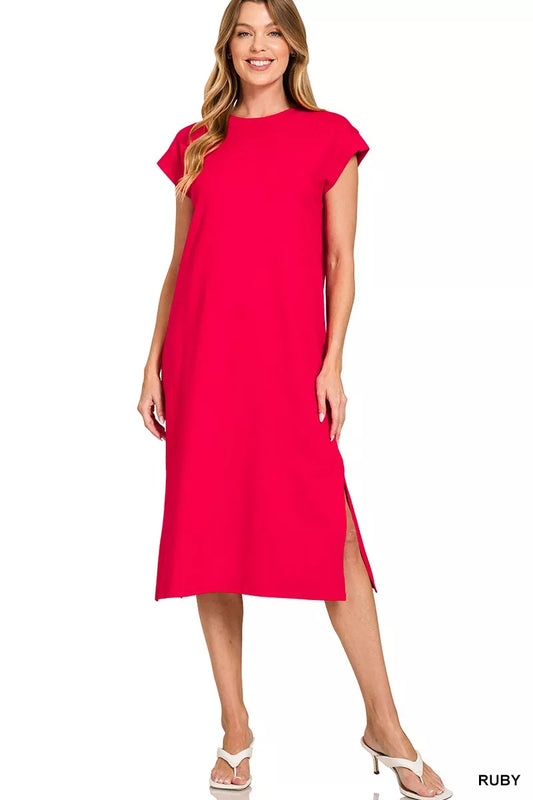 Round Neck Side Slit Midi Dress - Ruby - product view 1