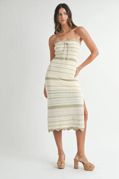 Contrast Striped Crochet Knit Midi Dress in Lt Taupe - product view 5