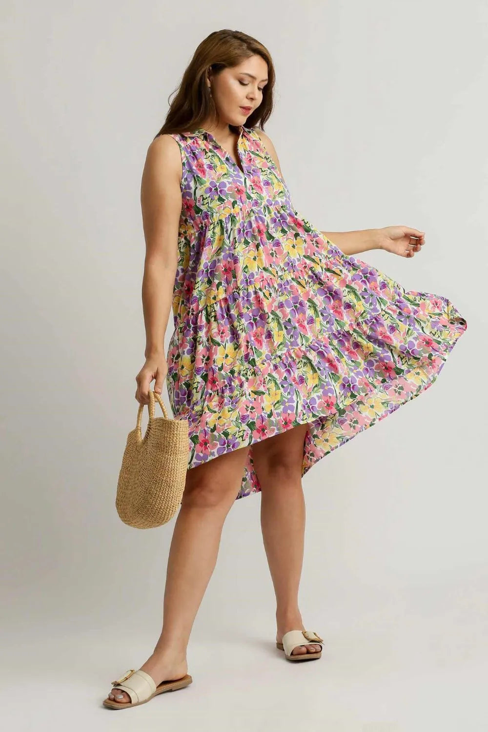 Full Size High-Low Hem Floral Sleeveless Tiered Dress Plus Size in Violetmix - product view 6