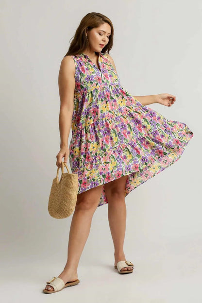 Full Size High-Low Hem Floral Sleeveless Tiered Dress Plus Size in Violetmix - product view 6