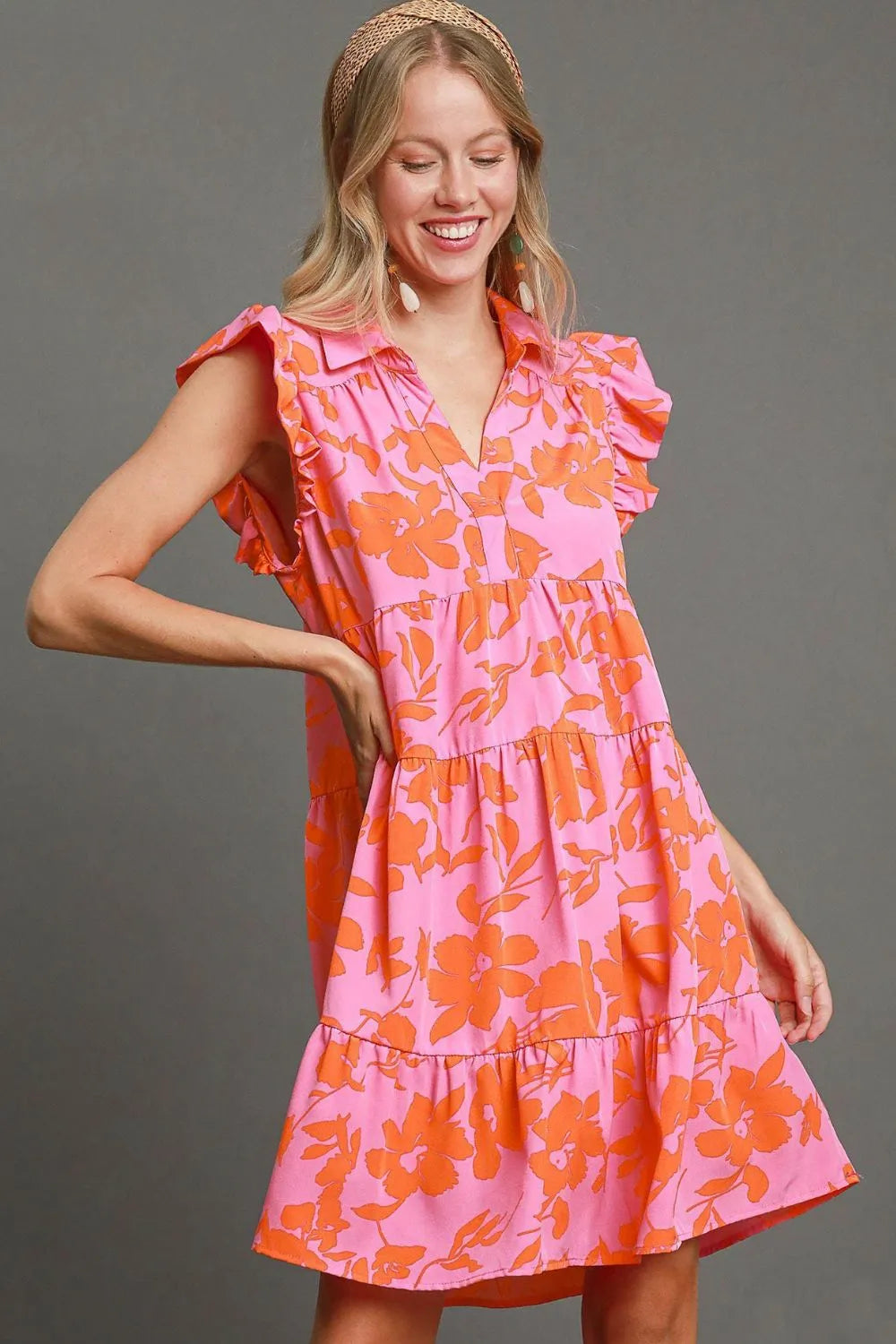 Full Size Floral Print Ruffle Cap Sleeve Tiered Dress Plus Size in Pink/Orange - product view 1
