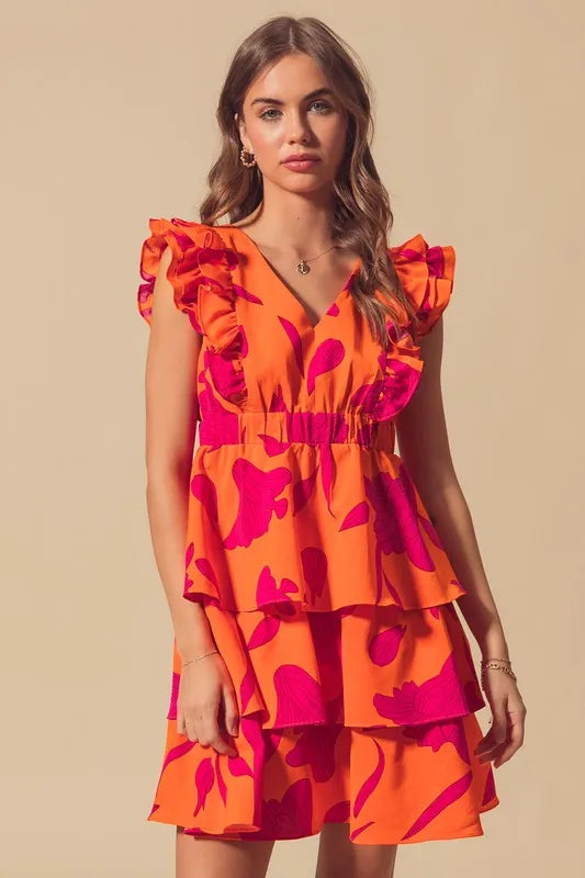 Floral V Neck Layered Dress with Elasticized Waist in Orange/Fuchsia - product view 10