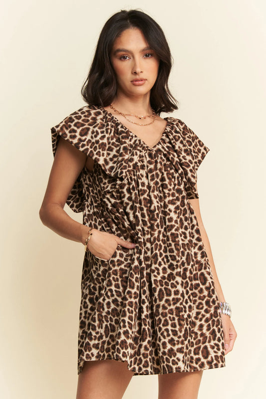 Animal Printed Velvet Ribbon Mini Dress in Leapard Brown - product view 2