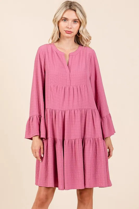 Tiered Notched Flare Sleeve Dress - Rose - product view 1