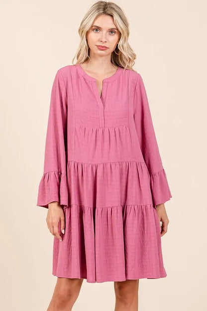 Tiered Notched Flare Sleeve Dress - Rose - product view 1