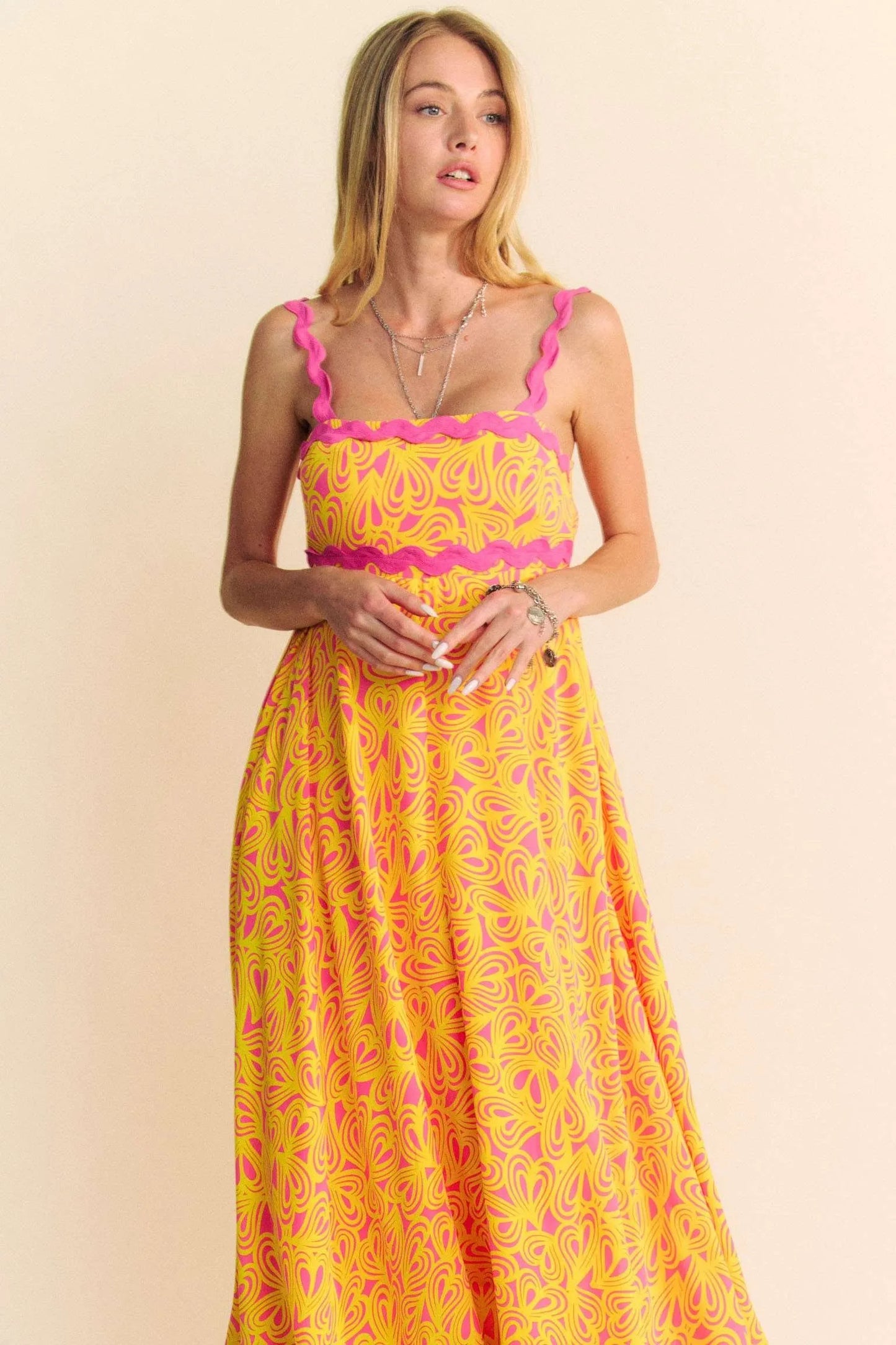 Geo 2 Tone Printed Wavi Trim Tiered Maxi Dress - Pink - product view 5