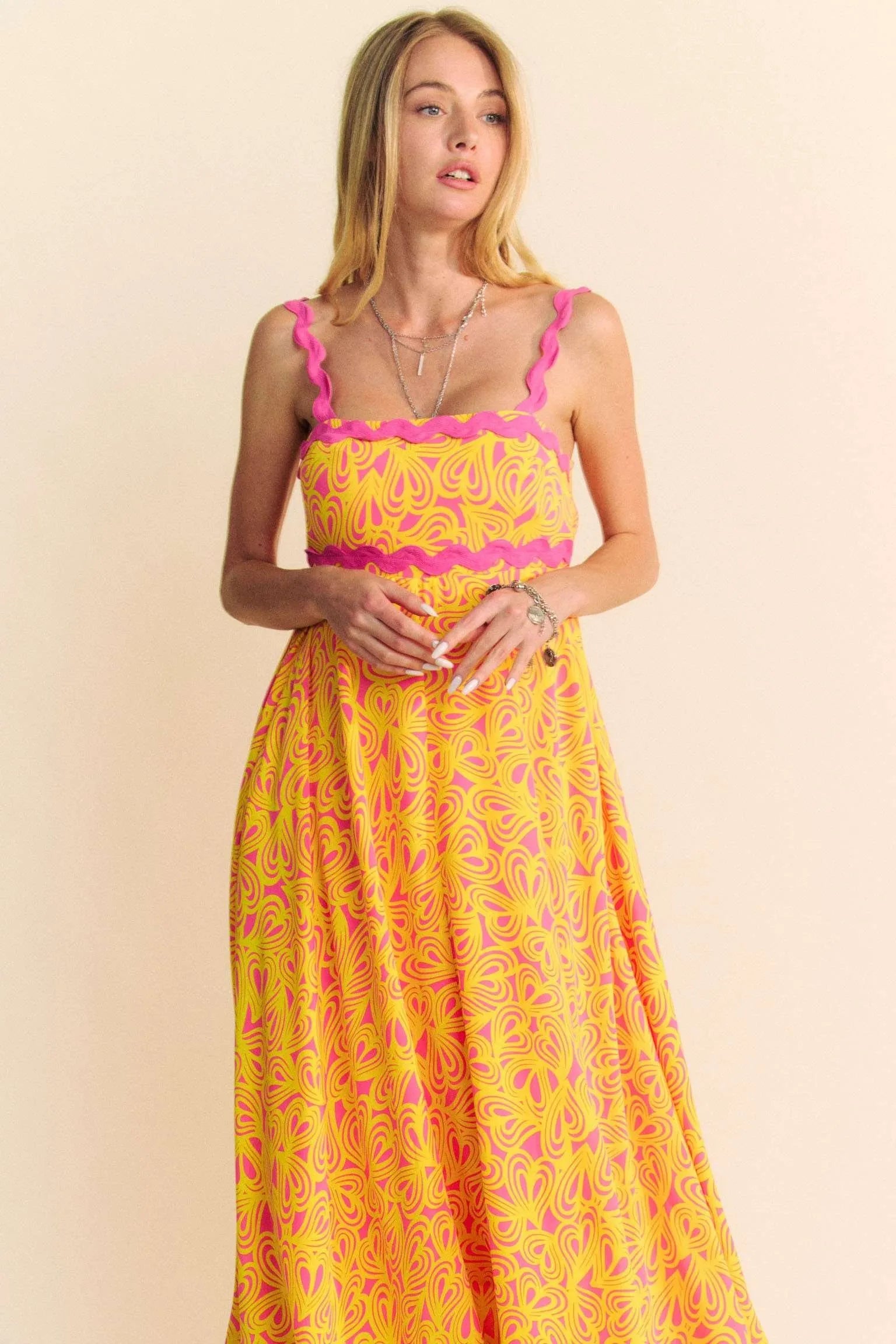 Geo 2 Tone Printed Wavi Trim Tiered Maxi Dress - Pink - product view 5