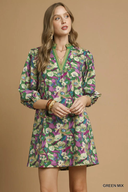 Boho Floral Balloon Sleeve Mini Dress in Green Mix - product view 1