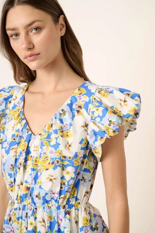Floral V-Neck Cap Sleeve Mini Dress in Blue - product view 3