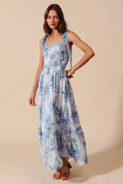 Floral Print Flowy Maxi Dress with Lace Ribbon Tie in Off White/Blue - product view 8