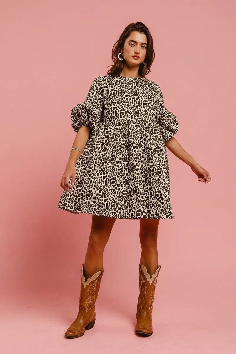 Leopard Denim Dress With Back Contrast Tie Detail in Off White Leopard - product view 6