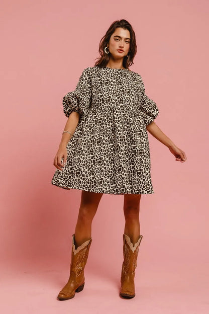 Leopard Denim Dress With Back Contrast Tie Detail in Off White Leopard - product view 6